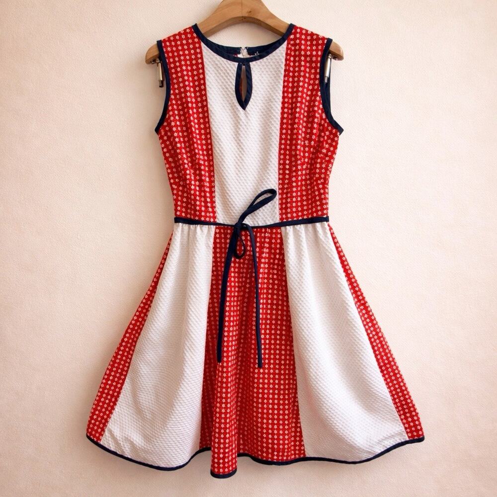 Vintage I Magnin 70s Patchwork Prairie Midi Dress Red White Blue Keyhole M